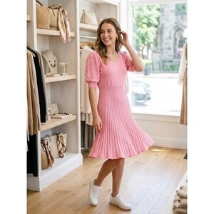Nanette Lepore Gypsy Rose Pink Pearl Puff Sleeve KnitFit & Flare Dress Large NWT